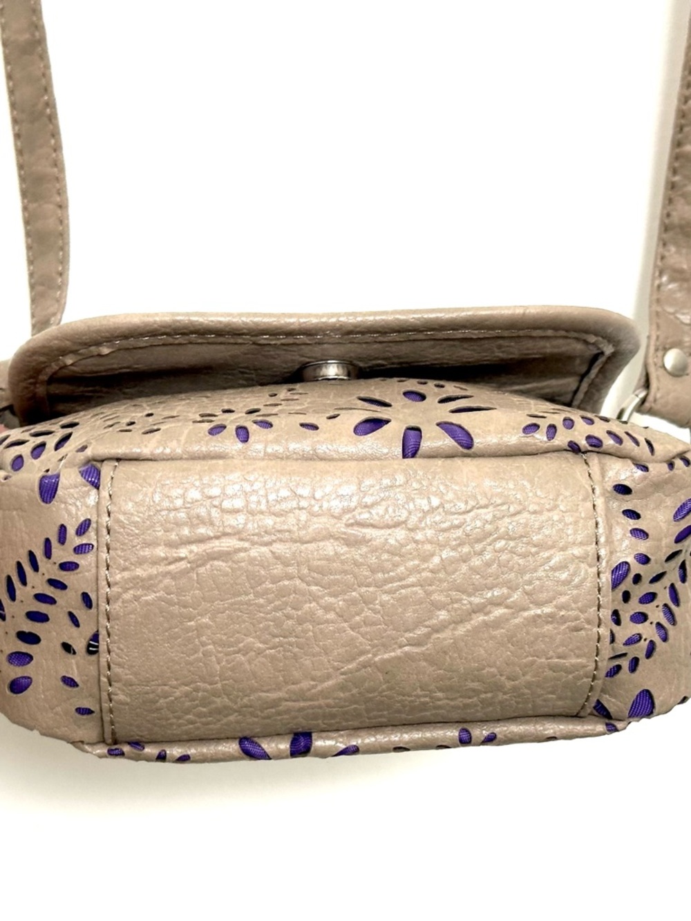 Kensie Girl Taupe Laser-Cut Mini Crossbody Bag with Purple Accent - Picture 6 of 13